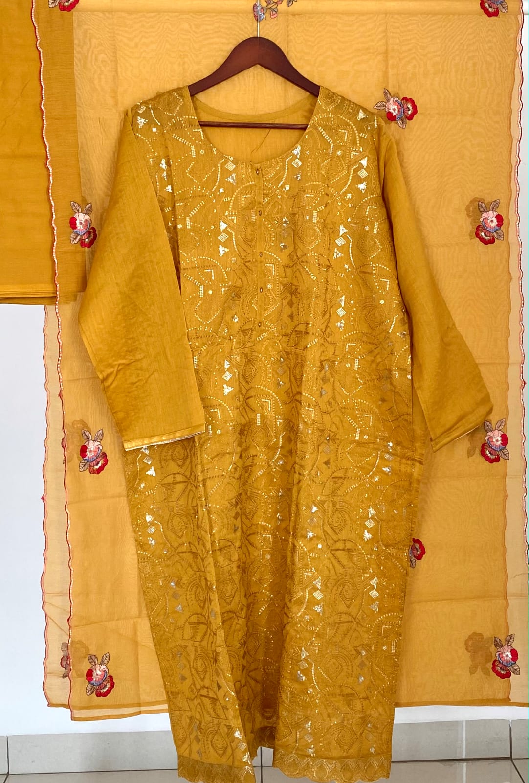 mustard-mul-chanderi-embroidered-semi-stitched-kurta-set
