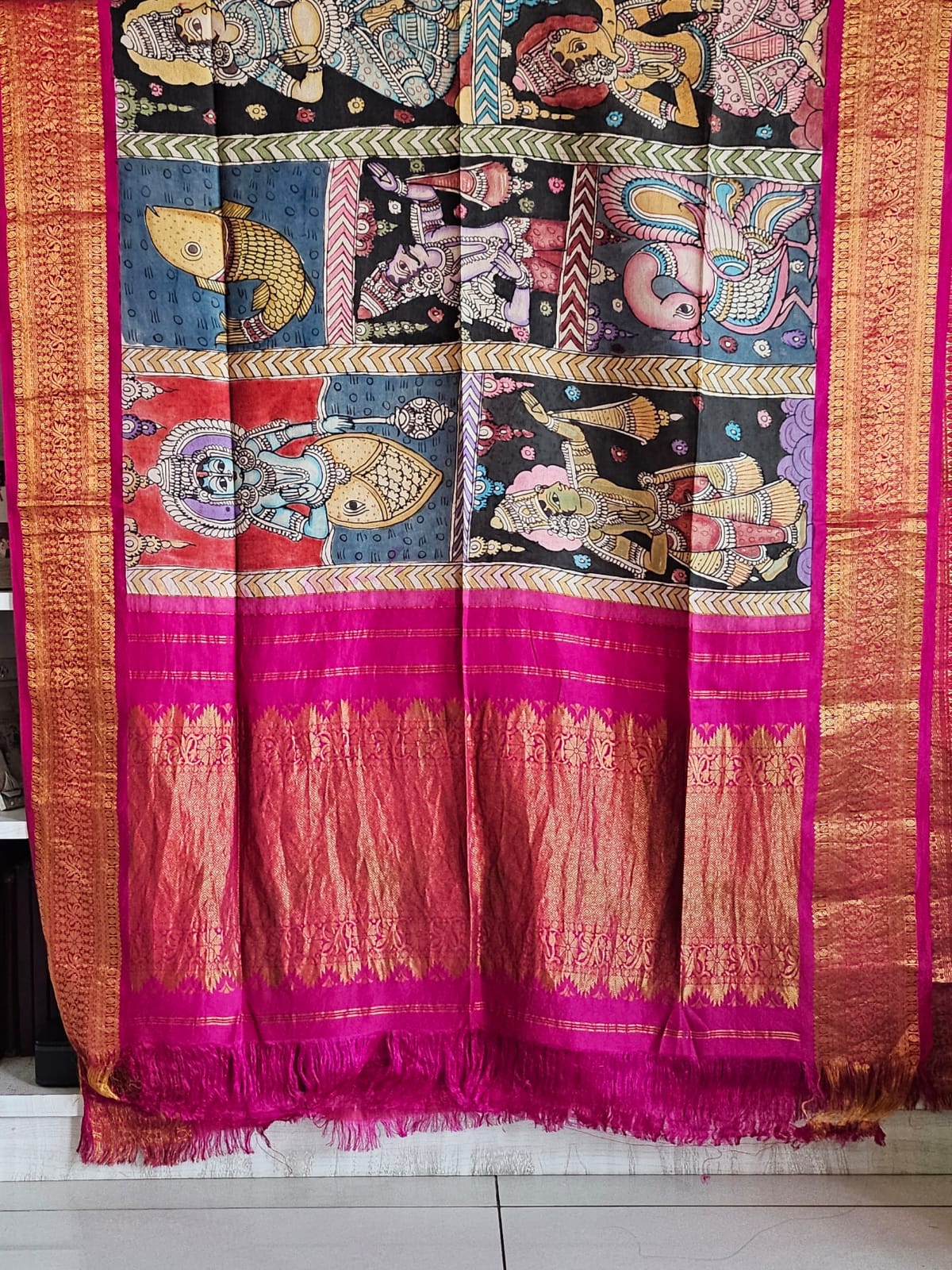 Indian Mythological Handloom Kanchi Pattu Kalamkari Dupatta