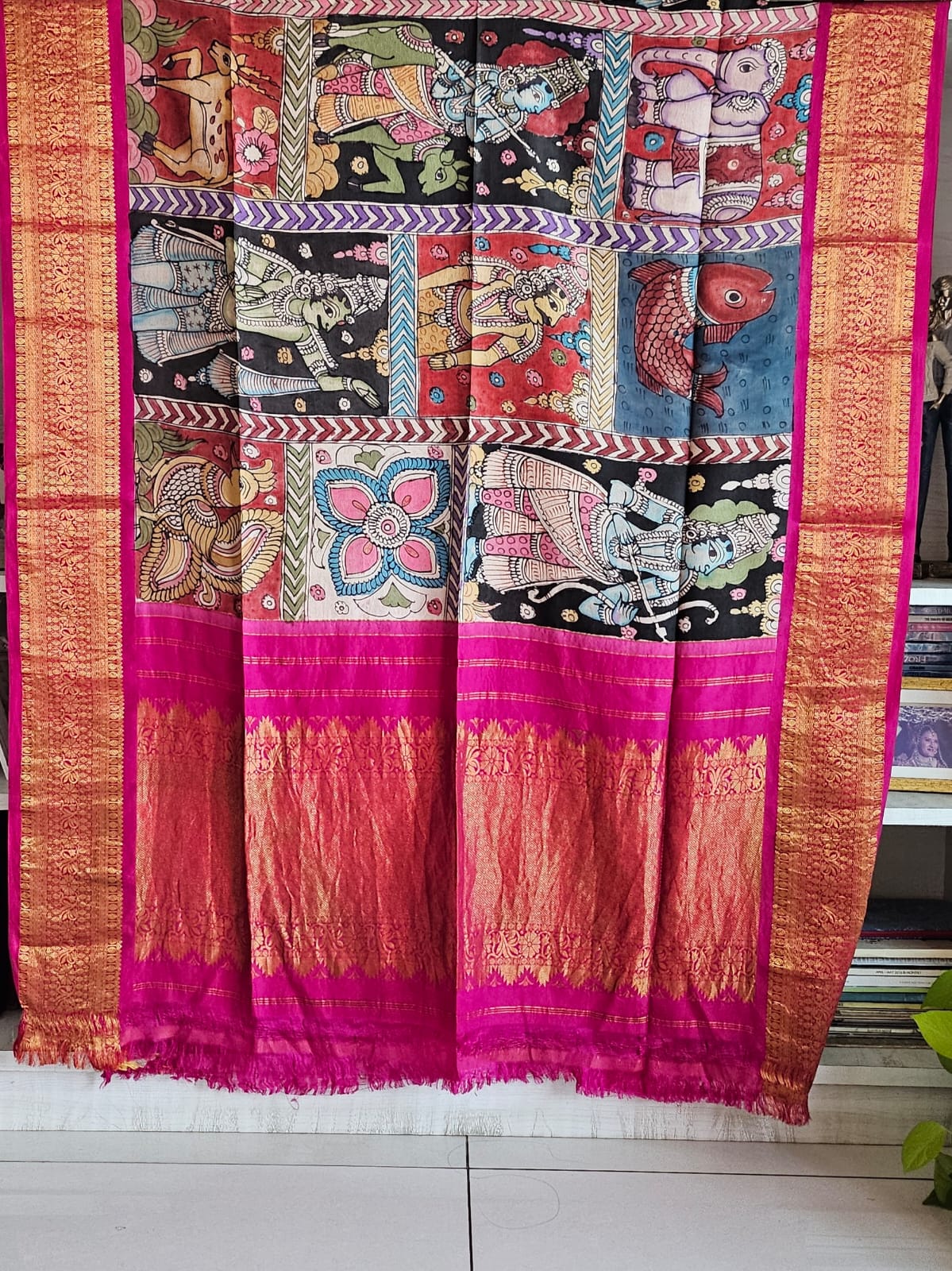 Indian Mythological Handloom Kanchi Pattu Kalamkari Dupatta