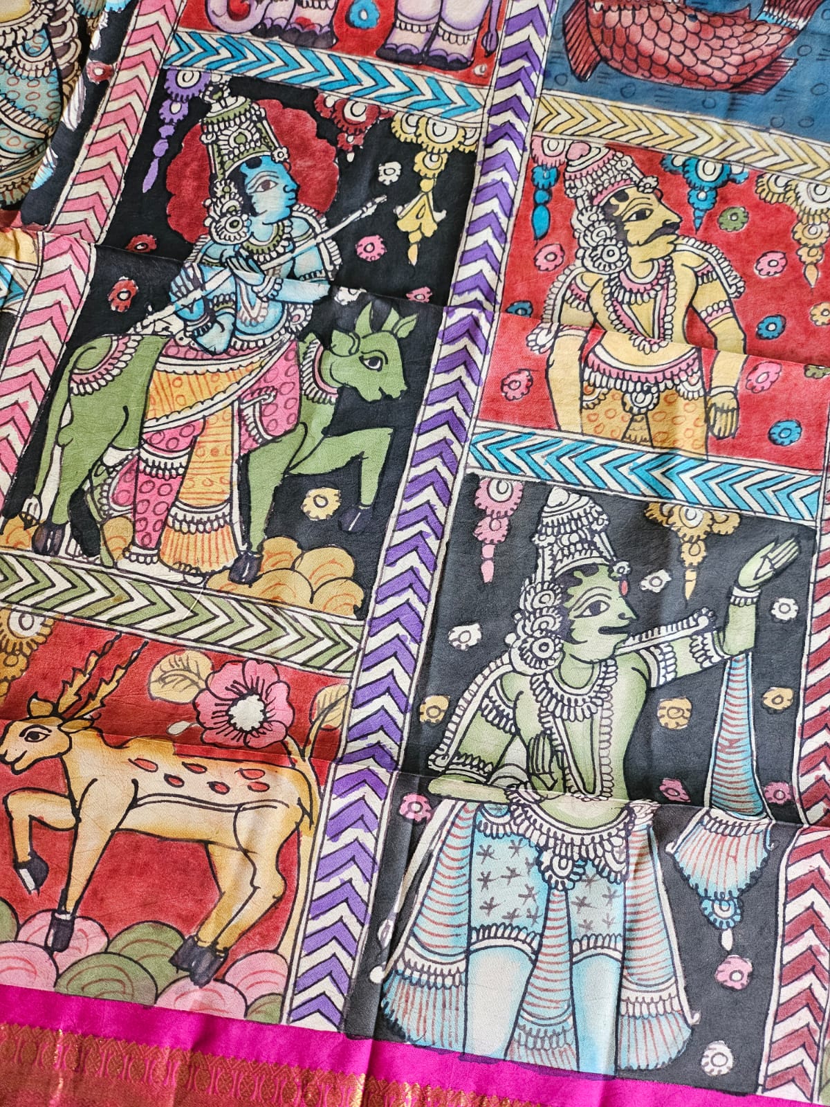 Indian Mythological Handloom Kanchi Pattu Kalamkari Dupatta