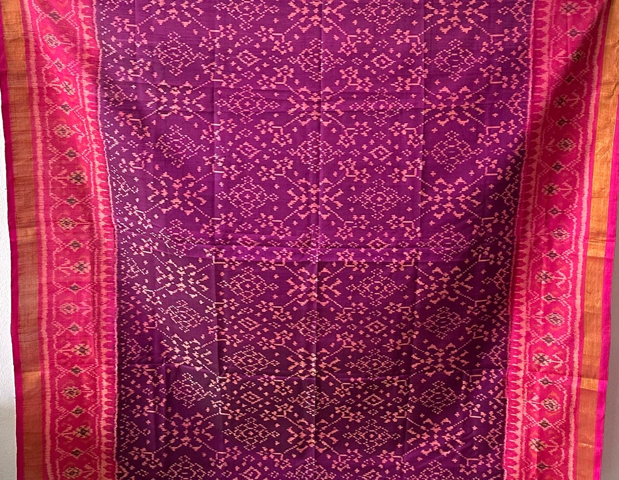 Navratna Pattern Pink and Purple Handloom Pure Silk Single Ikat Patola Blouse Fabric