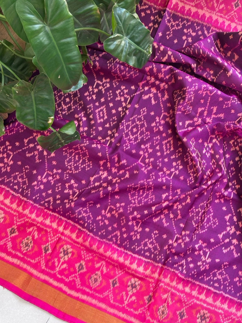 Navratna Pattern Pink and Purple Handloom Pure Silk Single Ikat Patola Blouse Fabric