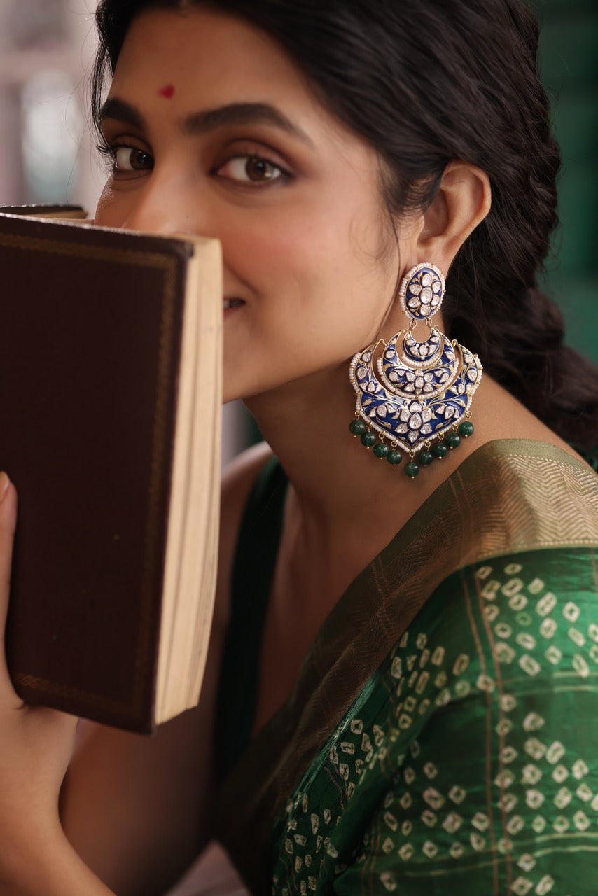Neel Kamal Meenakari 92.5 Silver Chandbali Earrings with Moissanite Polki