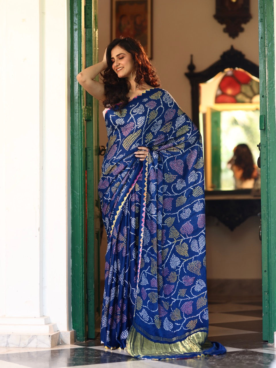 neelpushpa-pure-gajji-silk-bandhani-saree-with-multicoloured-bandhej