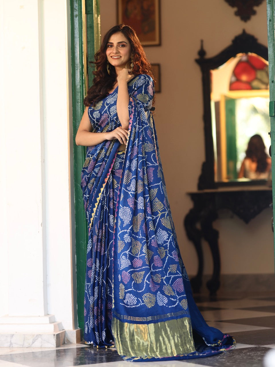 neelpushpa-pure-gajji-silk-bandhani-saree-with-multicoloured-bandhej