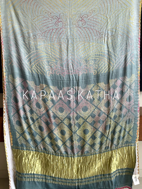 Multicolour Bandhej Gajji Silk Saree in Grey | Kapaas Katha