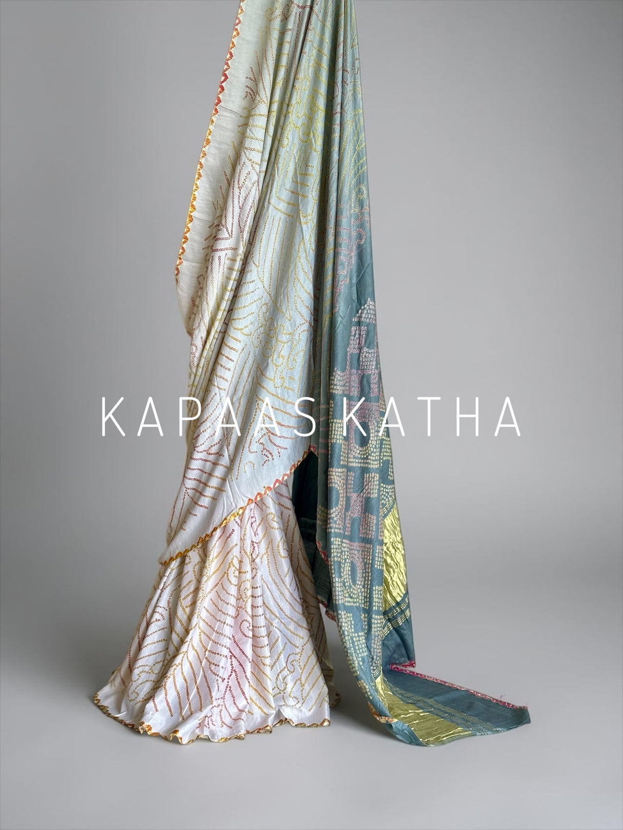 Multicolour Bandhej Gajji Silk Saree in Grey | Kapaas Katha