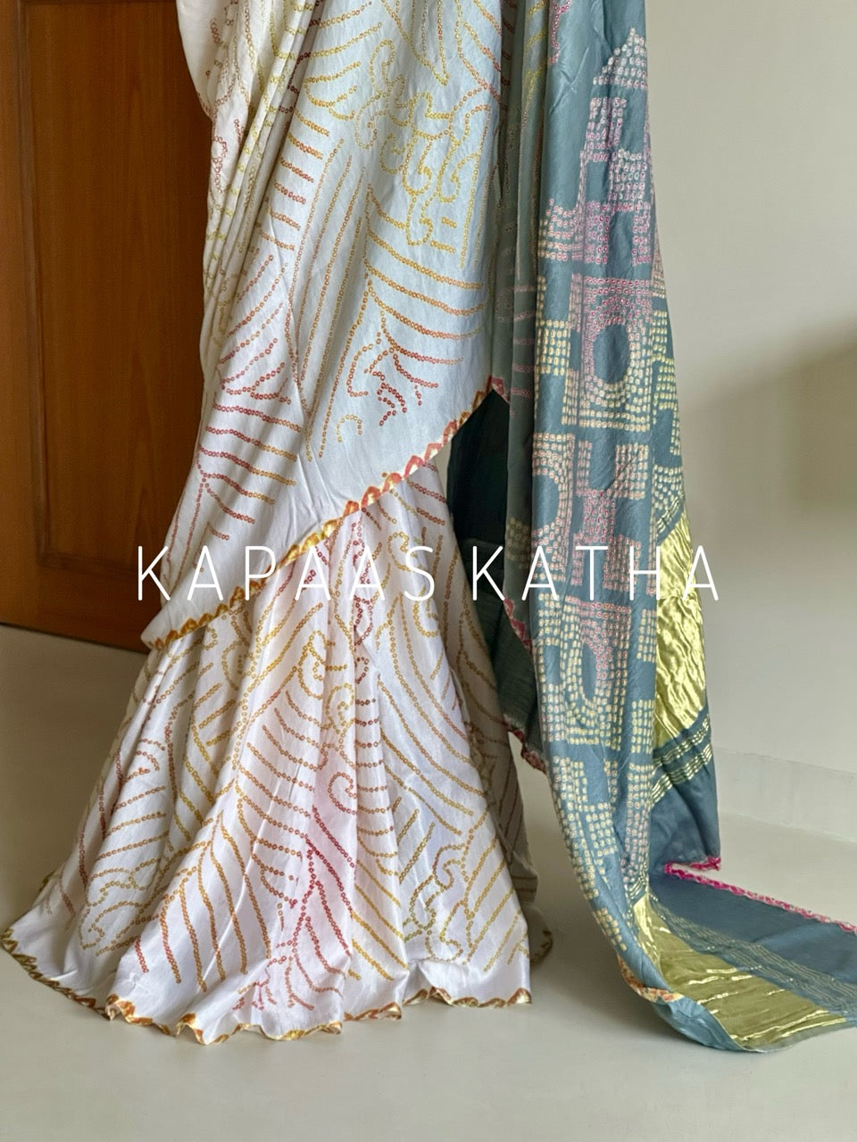 Multicolour Bandhej Gajji Silk Saree in Grey | Kapaas Katha