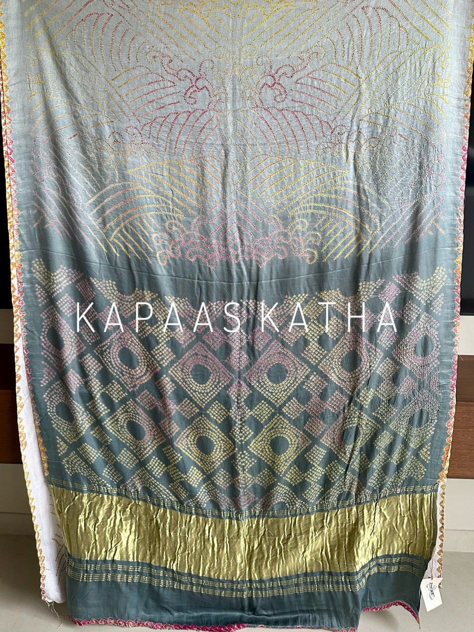 Multicolour Bandhej Gajji Silk Saree in Grey | Kapaas Katha