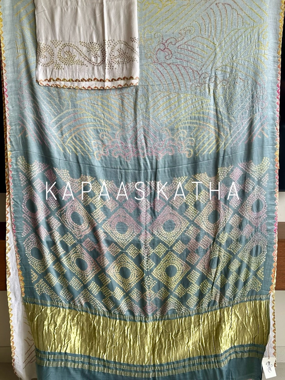 Multicolour Bandhej Gajji Silk Saree in Grey | Kapaas Katha