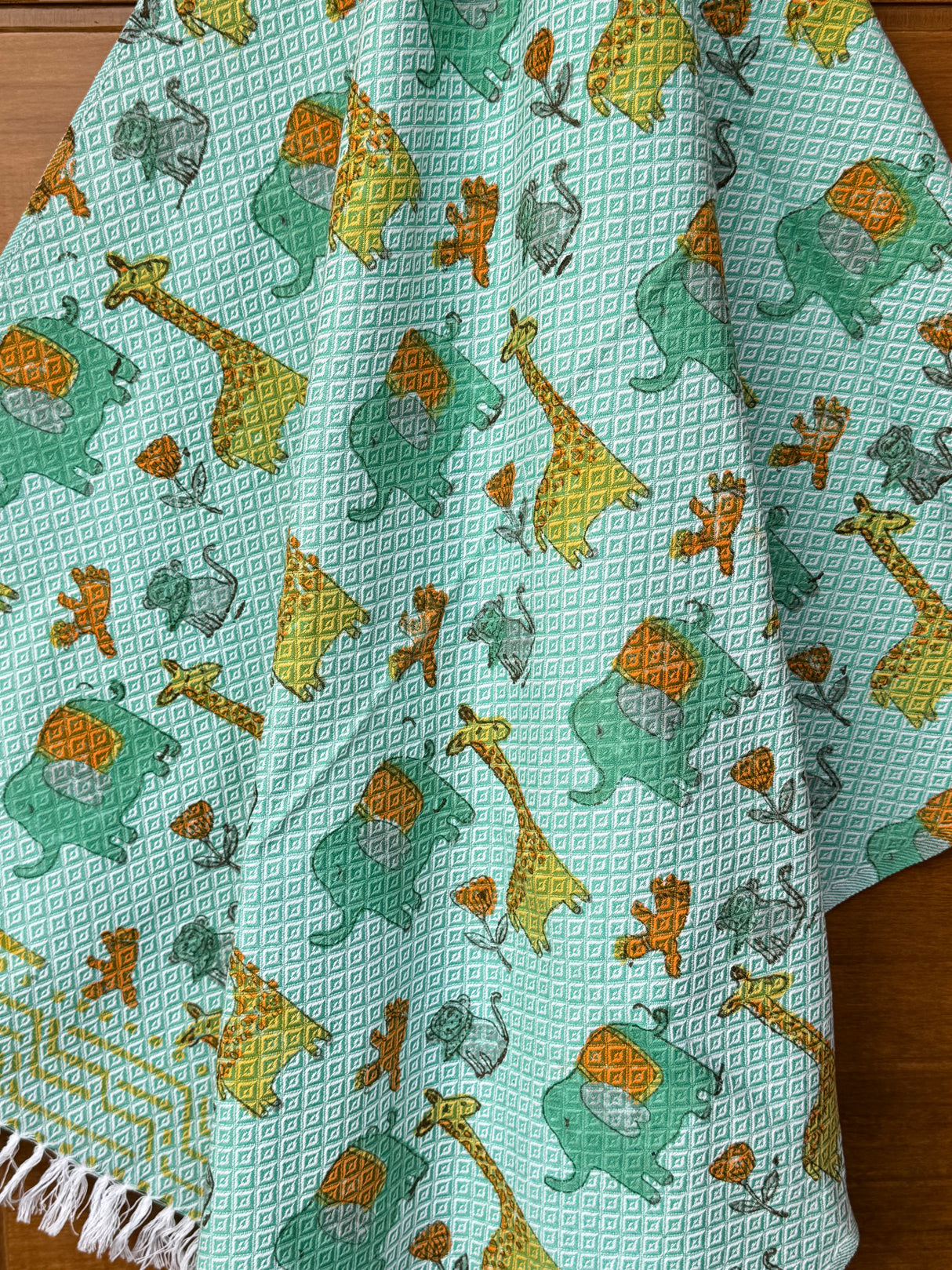 Green Elephant Giraffe Blockprint Kids Towel – Cotton Jacquard Weave