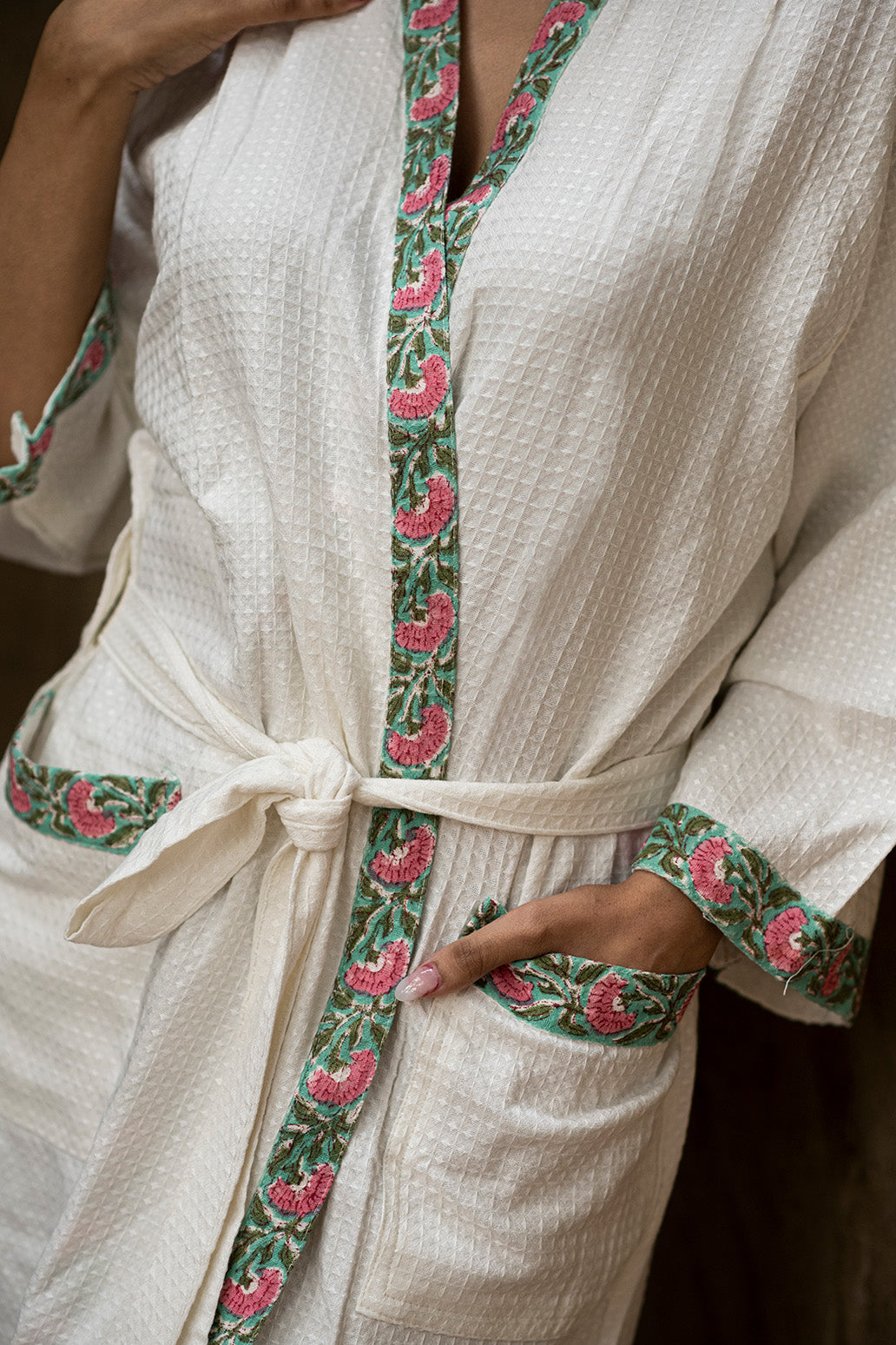 Plain Handblock Printed Cotton Waffle Bath Robe with Floral Border