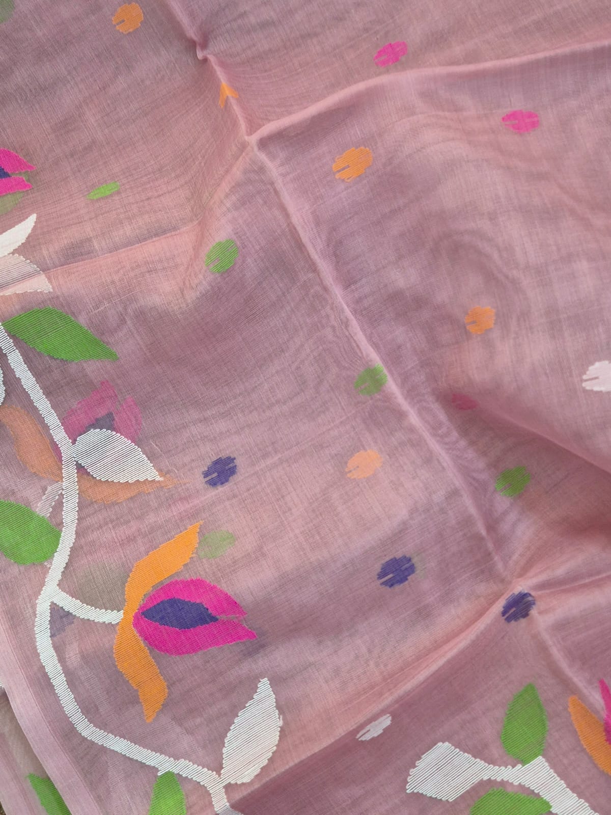 Old Rose Handloom Muslin Silk Saree with Jamdani weaving