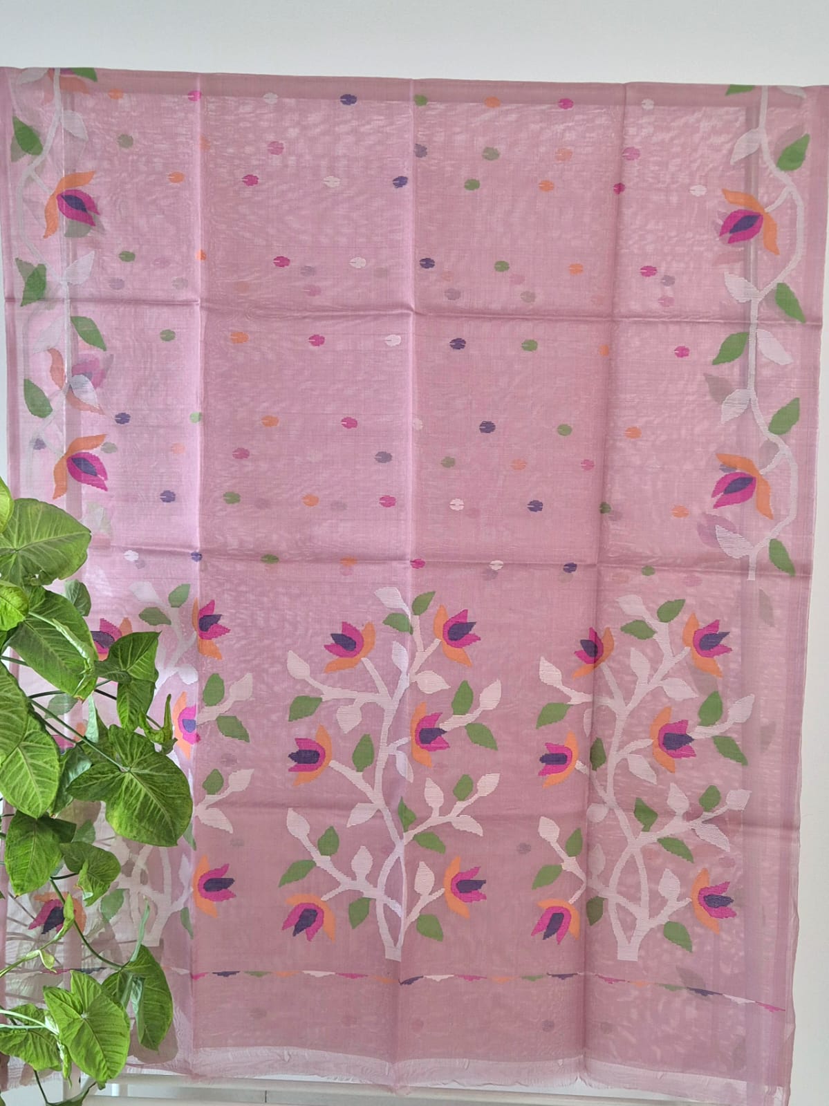 Old Rose Handloom Muslin Silk Saree with Jamdani weaving