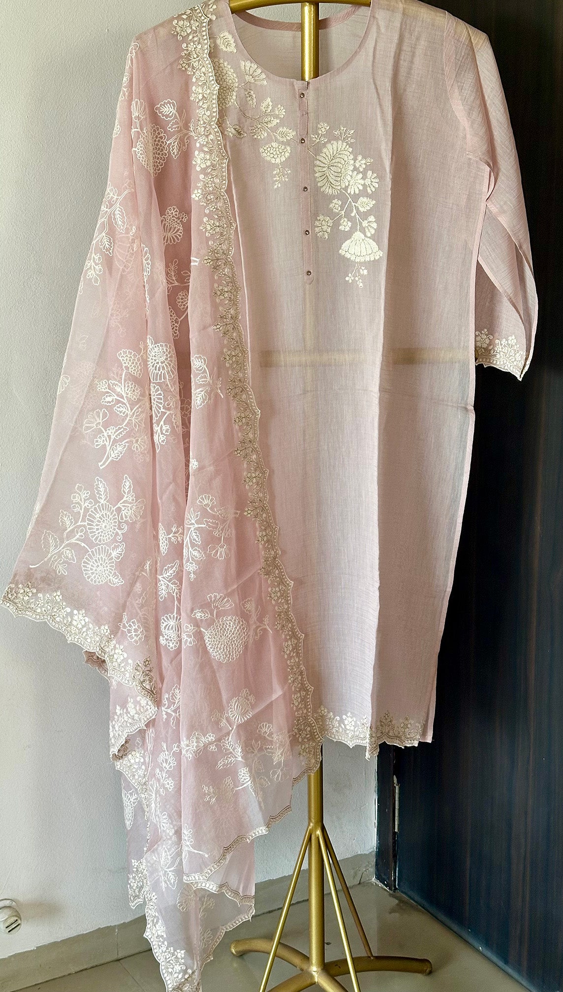 3 Piece Chanderi Mulmul Semi Stitched Suit Set in Shade of Old Rose