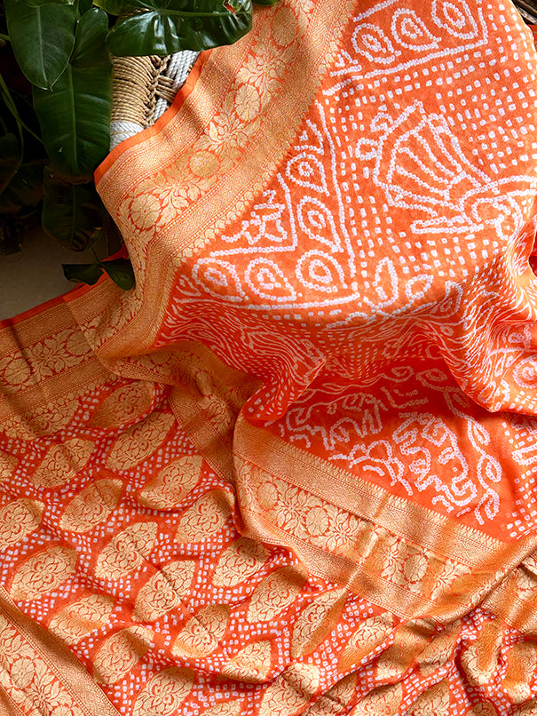 Orange Pure Chiffon Banarasi Georgette Bandhani Saree