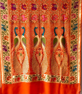 Orange Peacock Theme Patola Style Banarsi Gerogette Meenakari Bandhani Saree