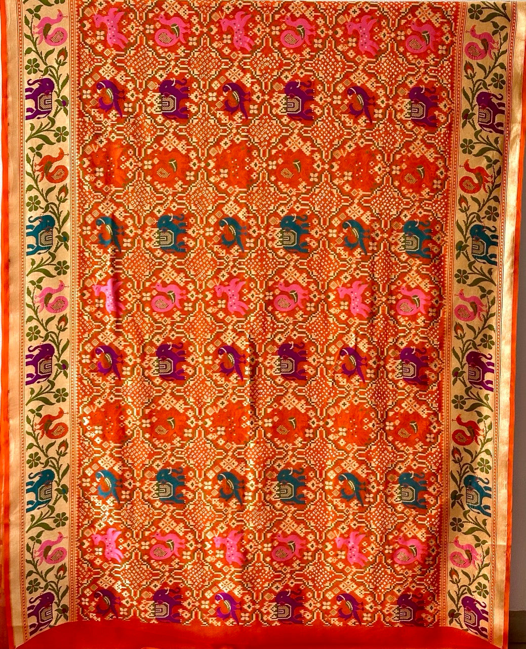 Orange Peacock Theme Patola Style Banarsi Gerogette Meenakari Bandhani Saree