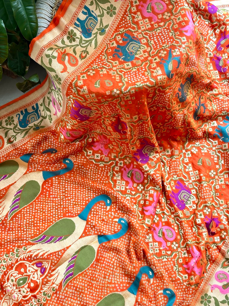 Orange Peacock Theme Patola Style Banarsi Gerogette Meenakari Bandhani Saree