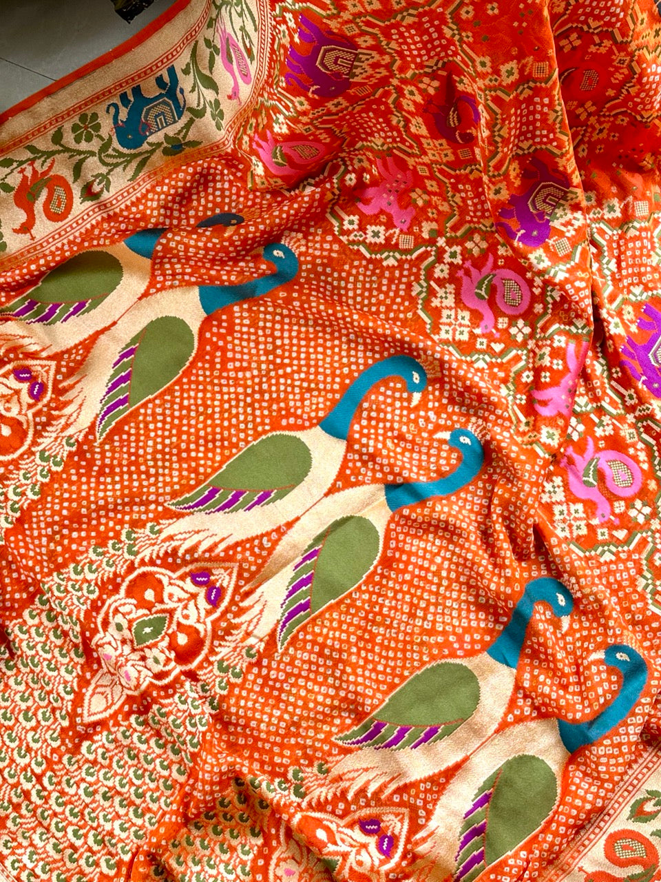 Orange Peacock Theme Patola Style Banarsi Gerogette Meenakari Bandhani Saree
