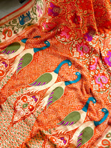 Orange Peacock Theme Patola Style Banarsi Gerogette Meenakari Bandhani Saree
