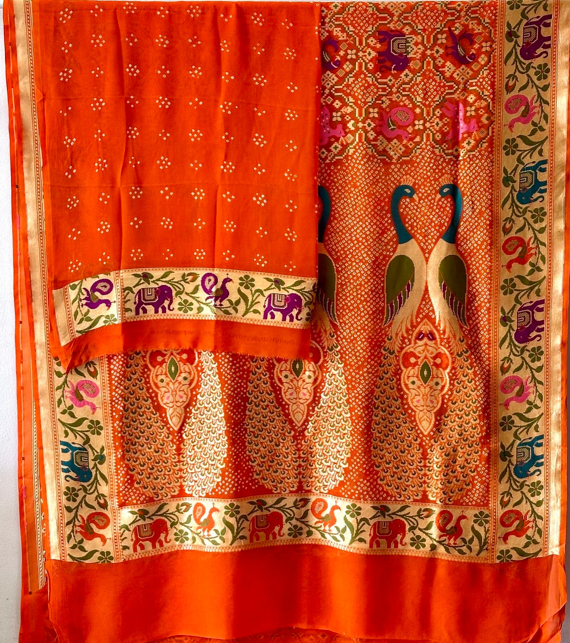 Orange Peacock Theme Patola Style Banarsi Gerogette Meenakari Bandhani Saree
