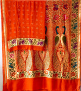Orange Peacock Theme Patola Style Banarsi Gerogette Meenakari Bandhani Saree