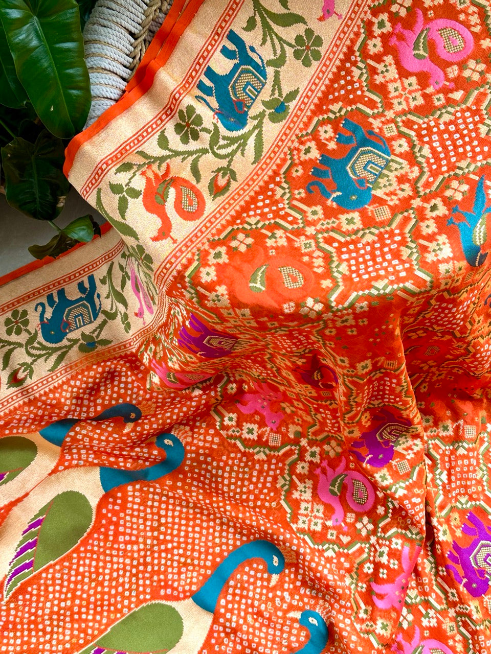Orange Peacock Theme Patola Style Banarsi Gerogette Meenakari Bandhani Saree