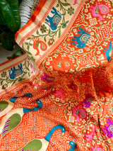Orange Peacock Theme Patola Style Banarsi Gerogette Meenakari Bandhani Saree