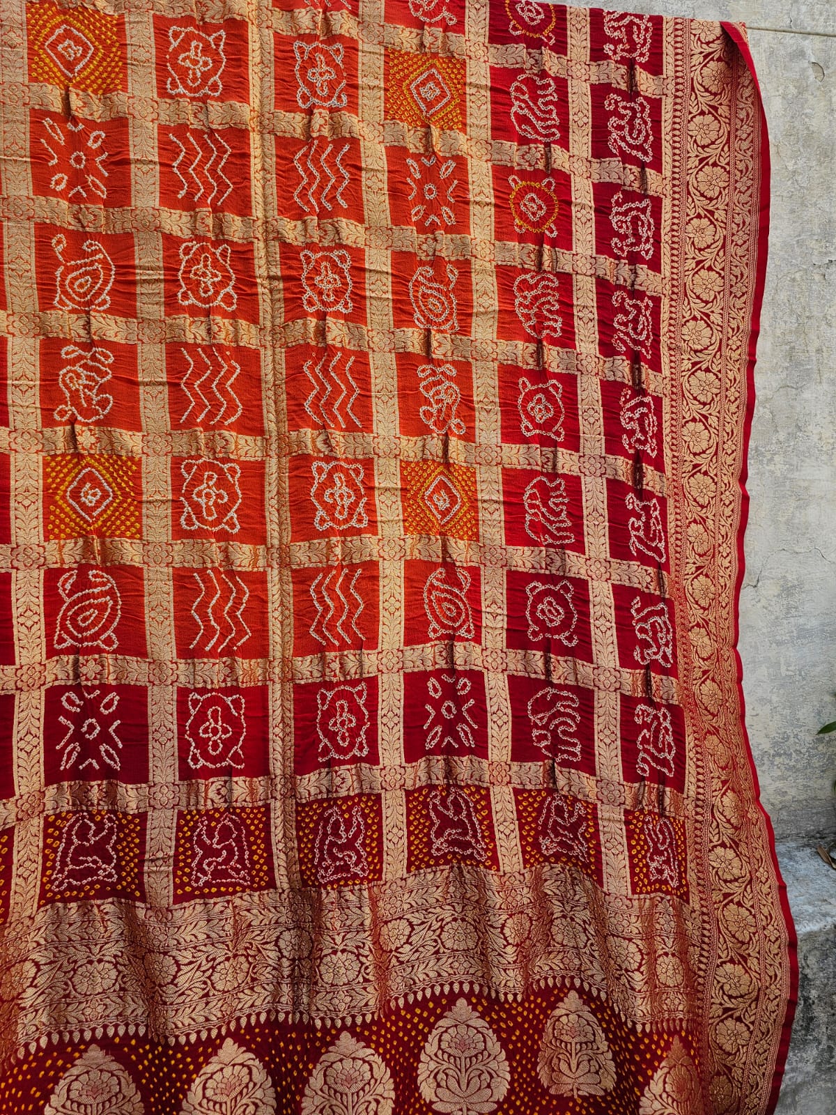 Red and Orange Pure Banarsi Georgette Gharchola Bandhani Dupatta