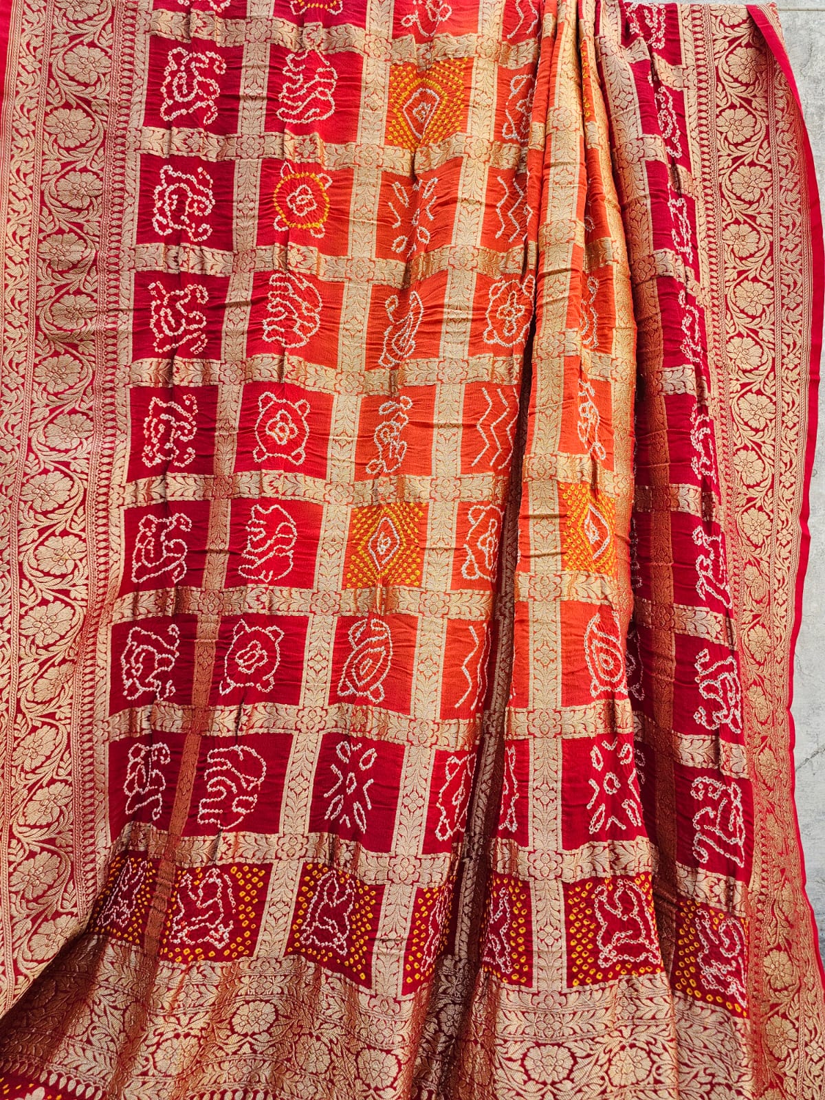 Red and Orange Pure Banarsi Georgette Gharchola Bandhani Dupatta