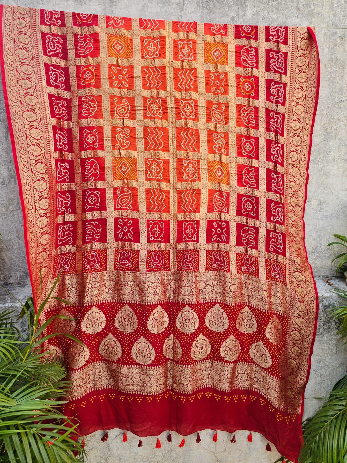 Red and Orange Pure Banarsi Georgette Gharchola Bandhani Dupatta