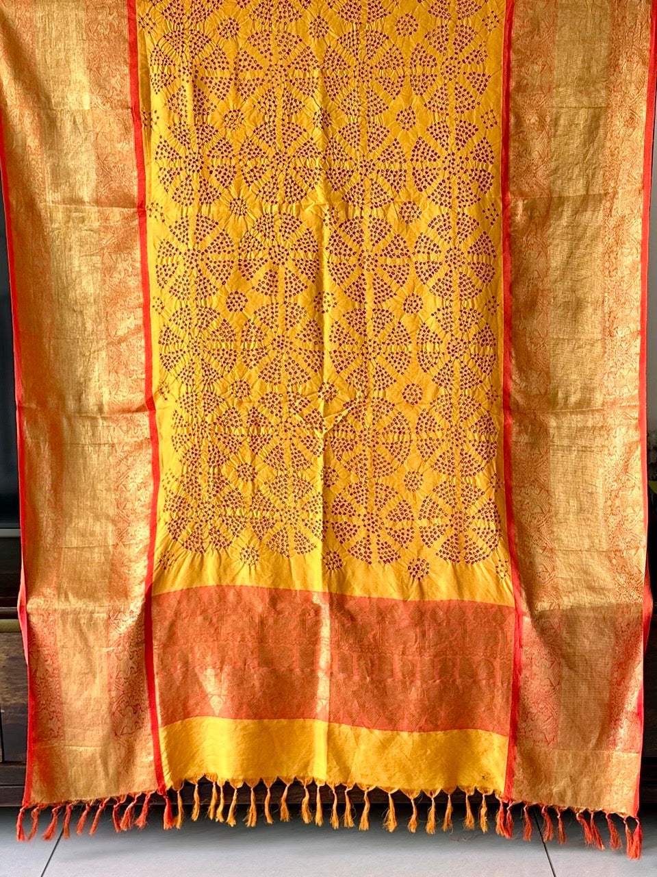 Bandhanika - Orange and Yellow Kanjivaram Silk Bandhani Dupatta