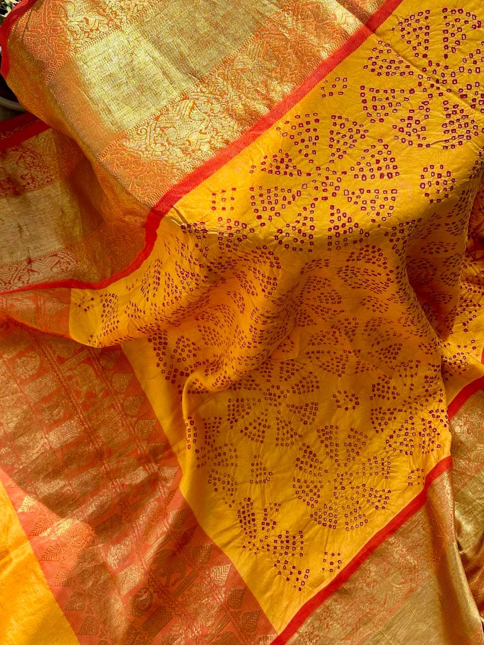 Bandhanika - Orange and Yellow Kanjivaram Silk Bandhani Dupatta