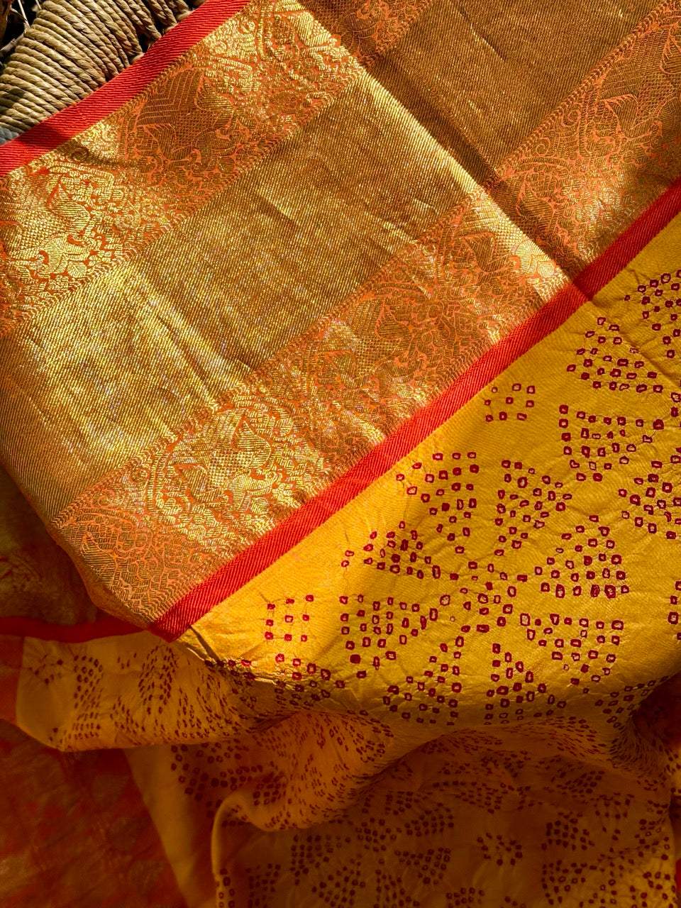 Bandhanika - Orange and Yellow Kanjivaram Silk Bandhani Dupatta