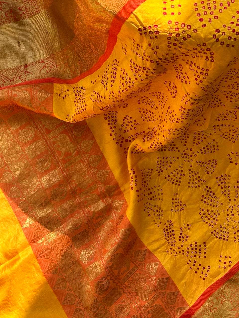Bandhanika - Orange and Yellow Kanjivaram Silk Bandhani Dupatta