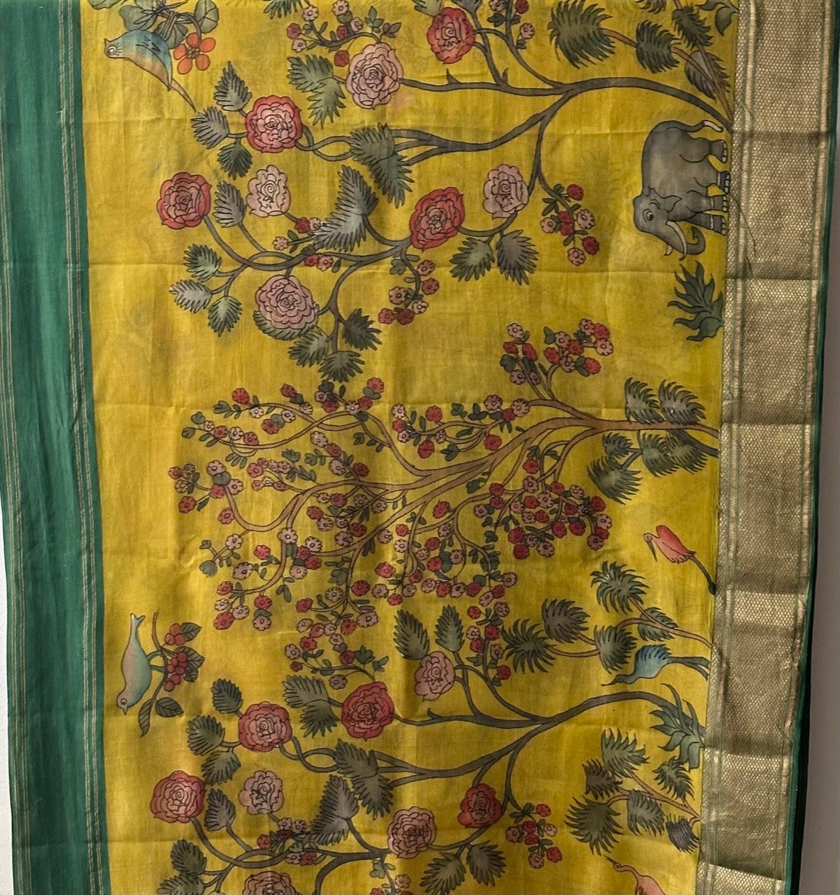 organza-jungle-theme-yellow-green-kalamkari-saree