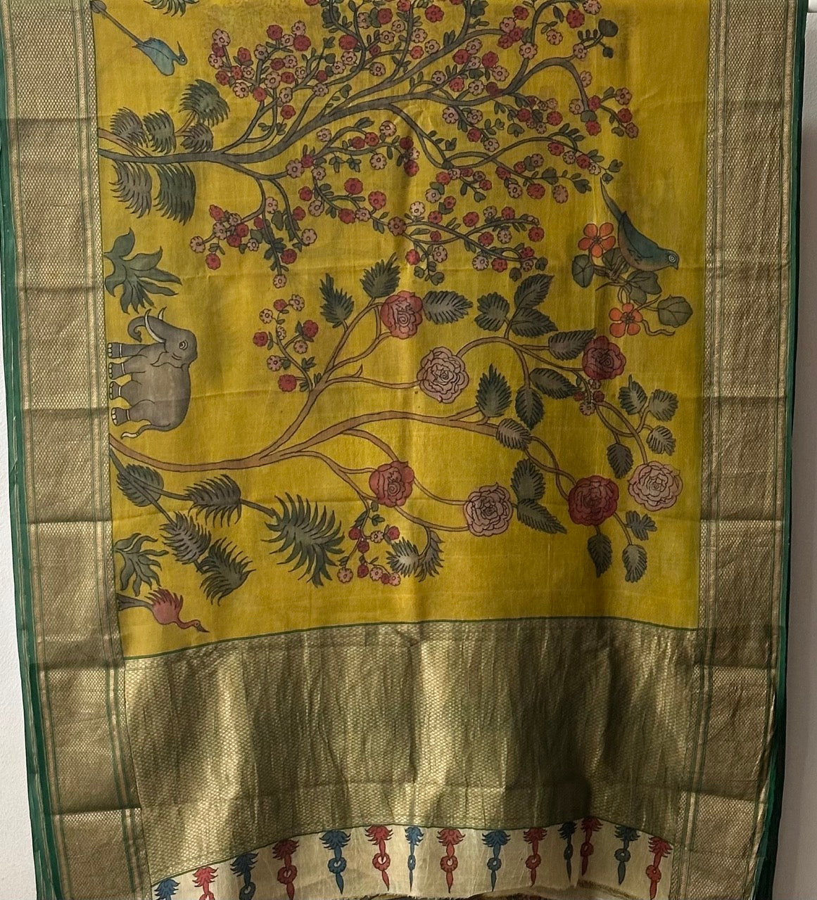 organza-jungle-theme-yellow-green-kalamkari-saree