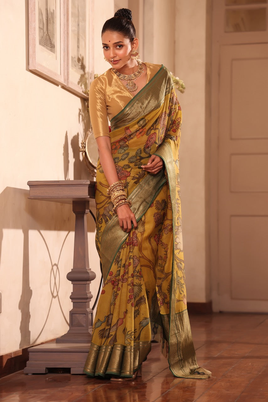 Floral theme Organza Cotton silk Kalamkari saree in Yellow Colour