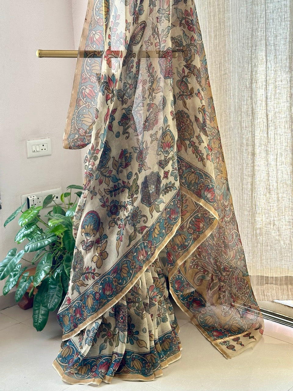 Peacock and Floral Theme Organza Kalamakari Saree in Beige Base Colour