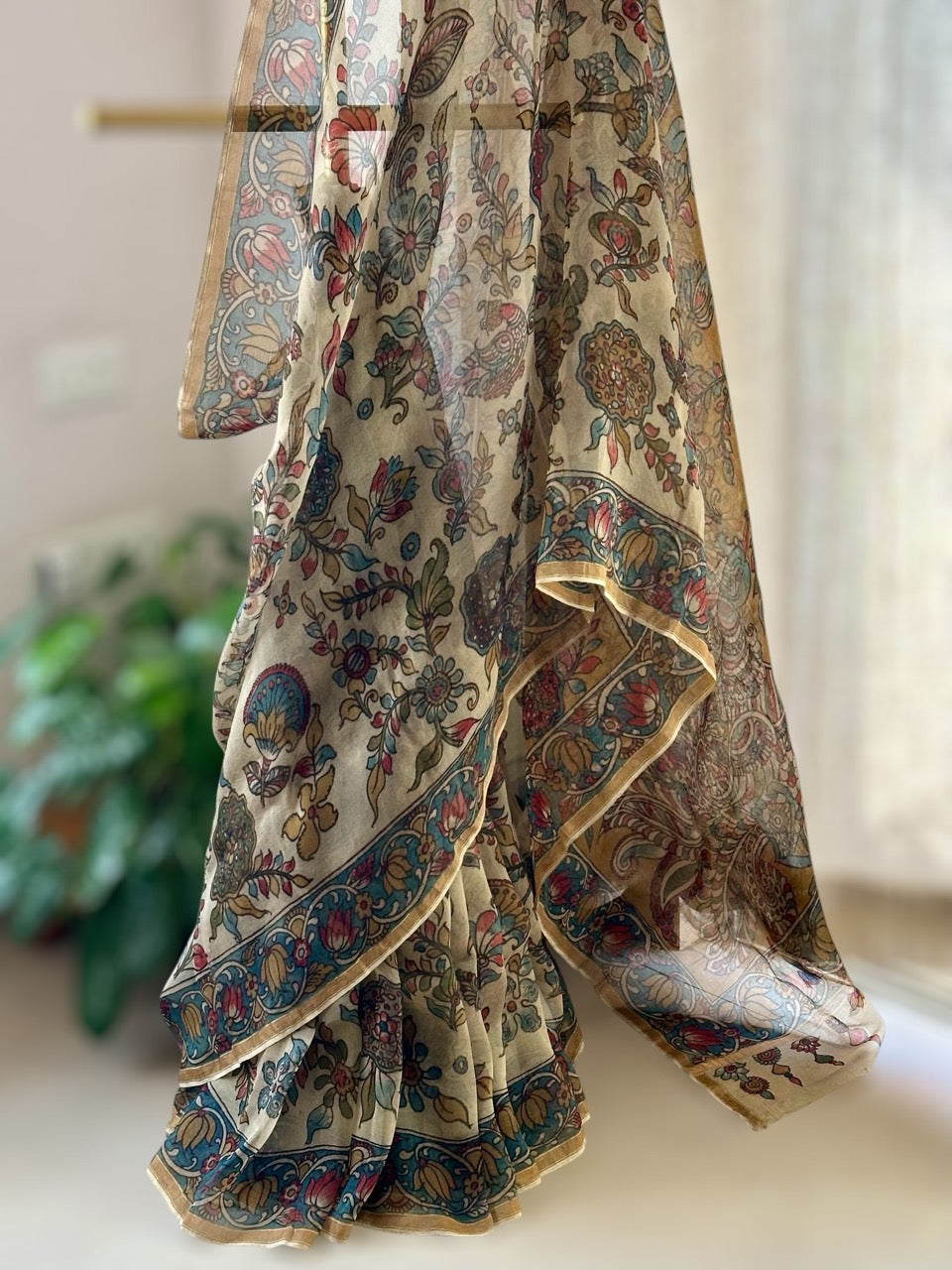 Peacock and Floral Theme Organza Kalamakari Saree in Beige Base Colour