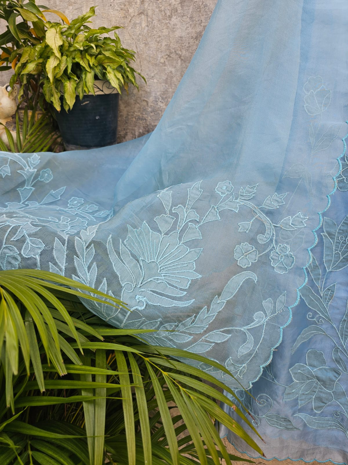 Simple Yet Elegant 3pc Unstitched Organza Suit Set in Light Blue Colour