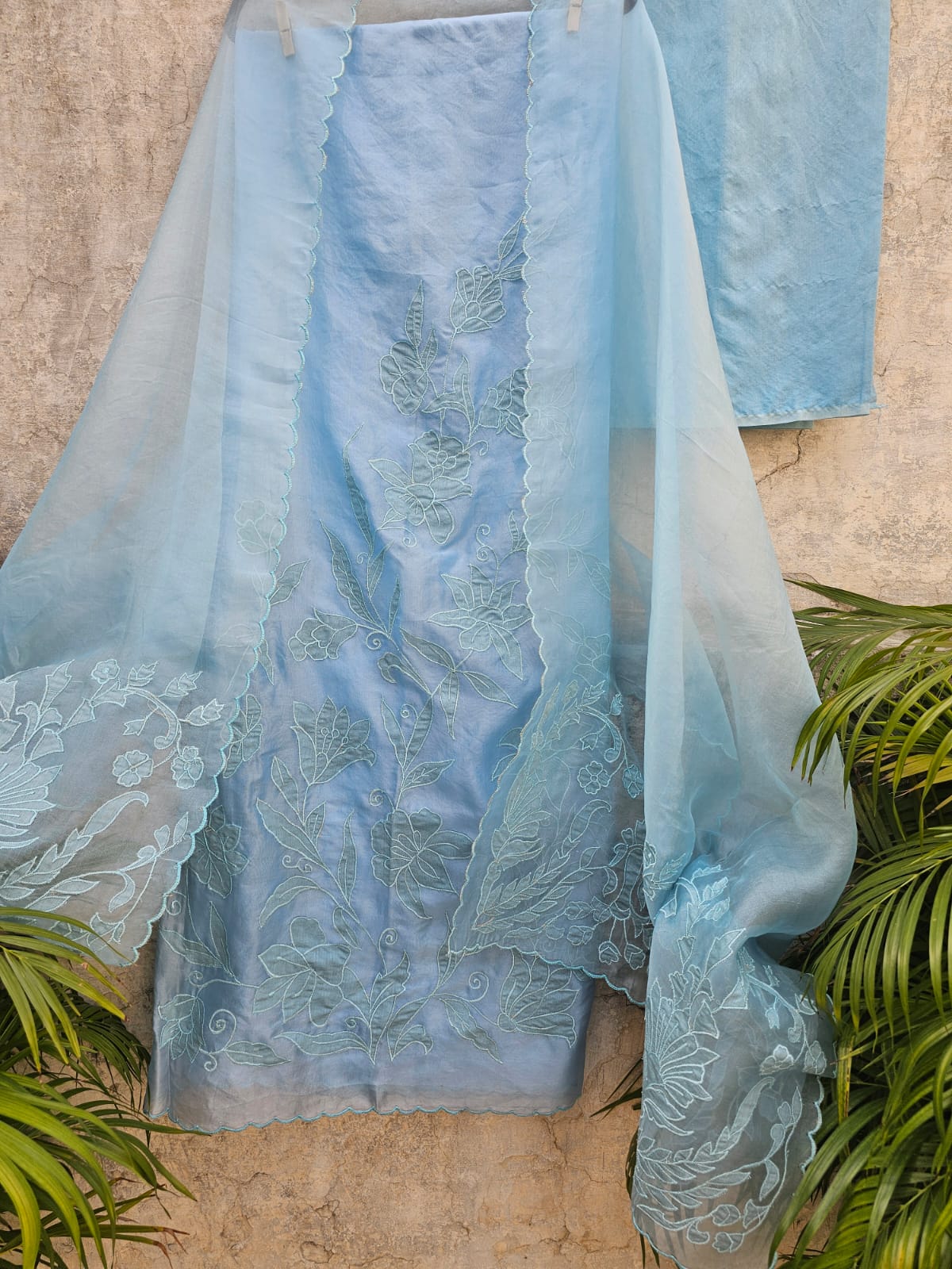 Simple Yet Elegant 3pc Unstitched Organza Suit Set in Light Blue Colour