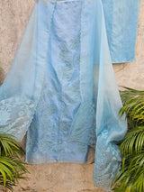 Simple Yet Elegant 3pc Unstitched Organza Suit Set in Light Blue Colour