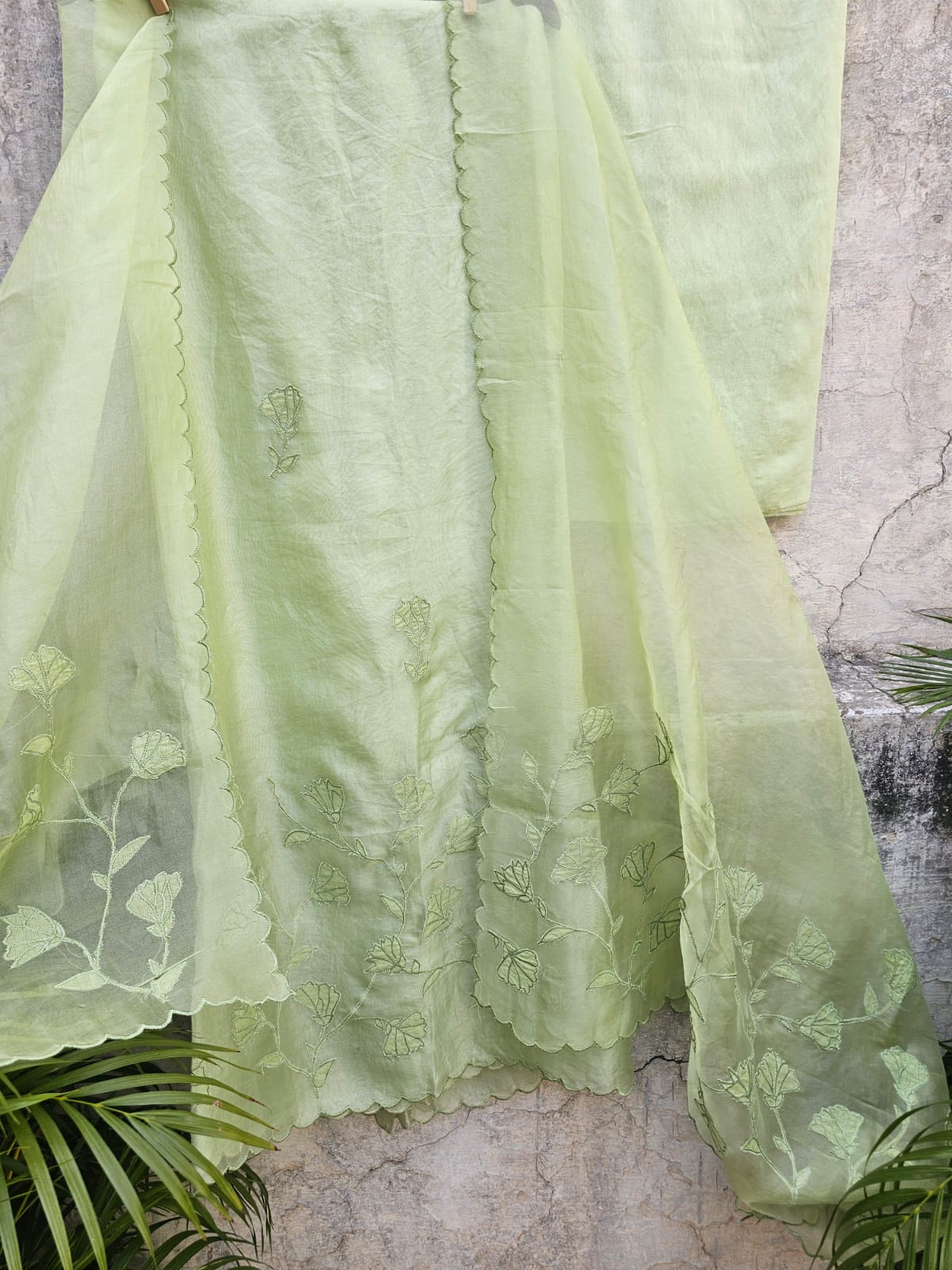 Simple Yet Elegant 3pc Unstitched Organza Suit Set in Light Green Colour