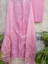 Simple Yet Elegant 3pc Unstitched Organza Suit Set in Pink Colour