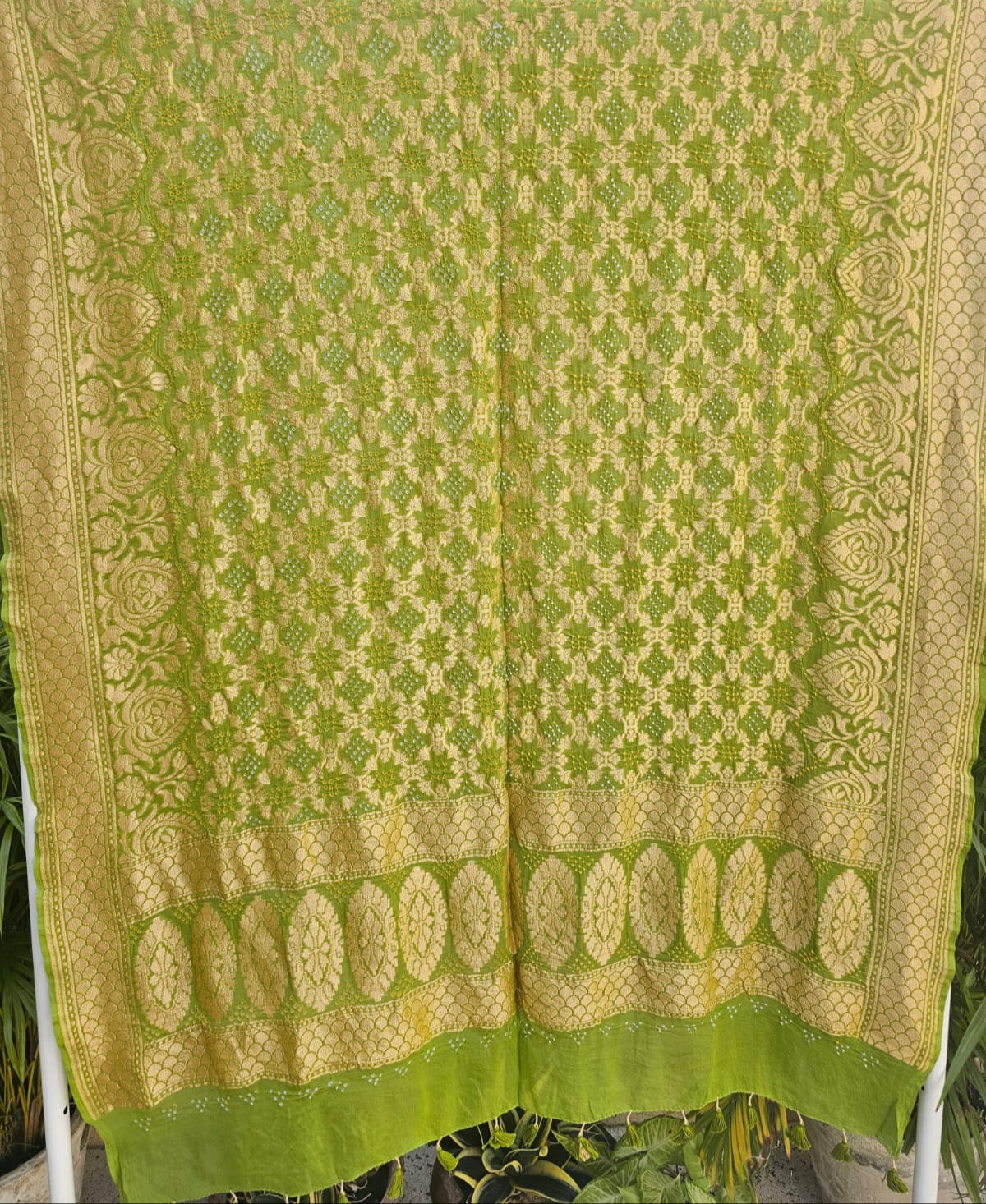 Parrot Green Pure Banarsi Georgette Neemzari Bandhani Dupatta