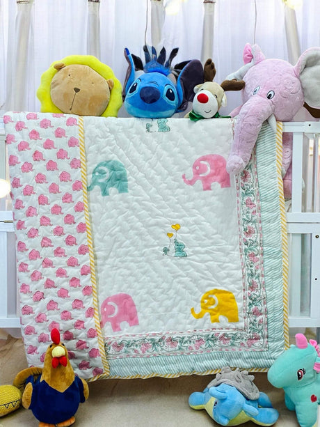 reversible-pastel-colored-elephant-print-baby-quilt-made-in-jaipur-for-wholesale-in-australia-and-uae