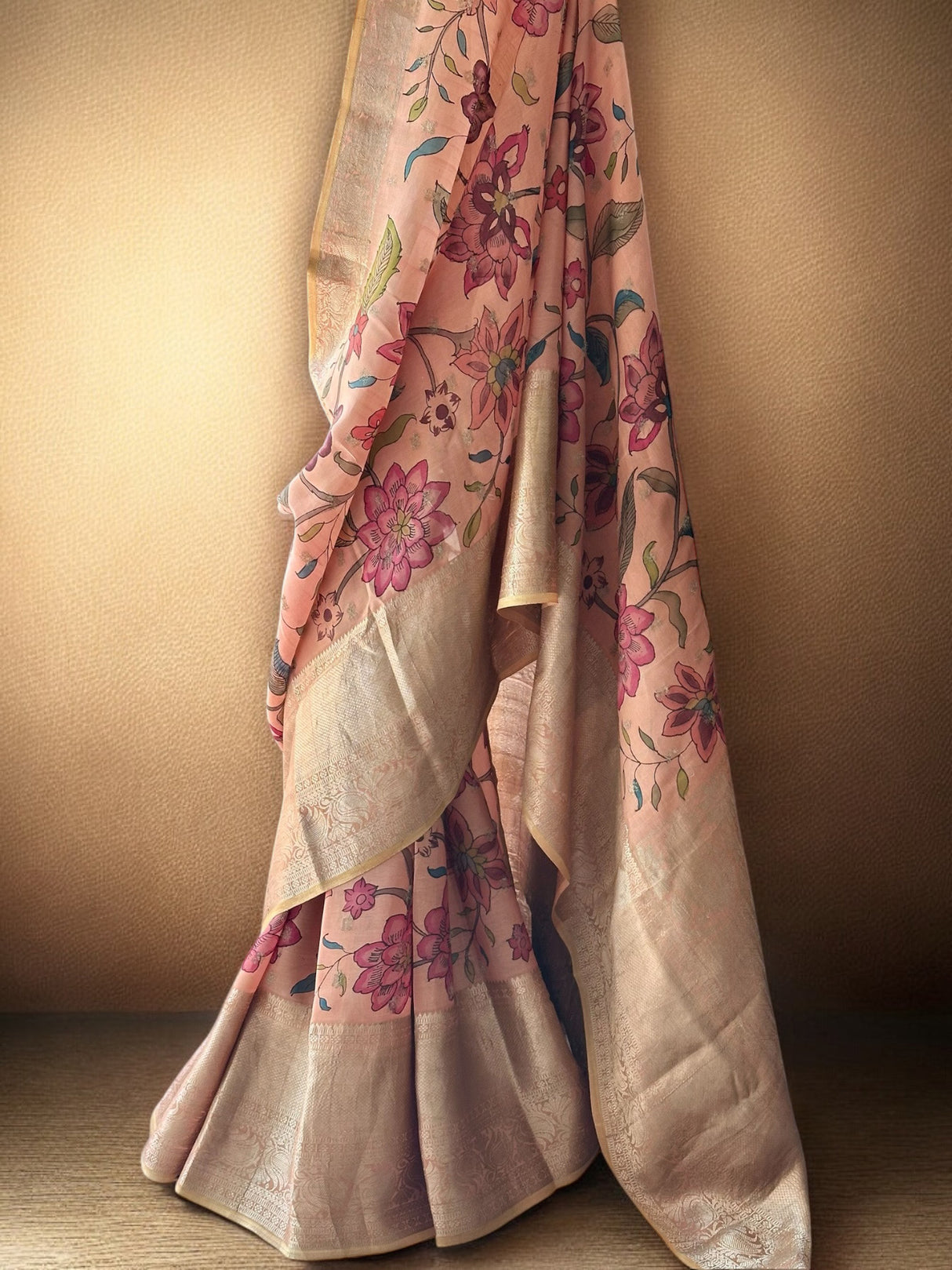 Peach Floral Theme Silk Kalamakari Saree