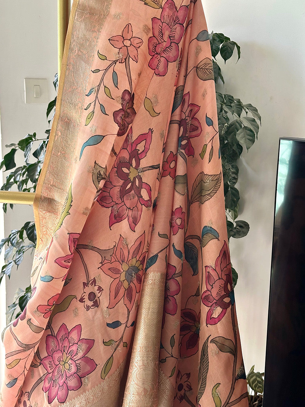 Peach Floral Theme Silk Kalamakari Saree